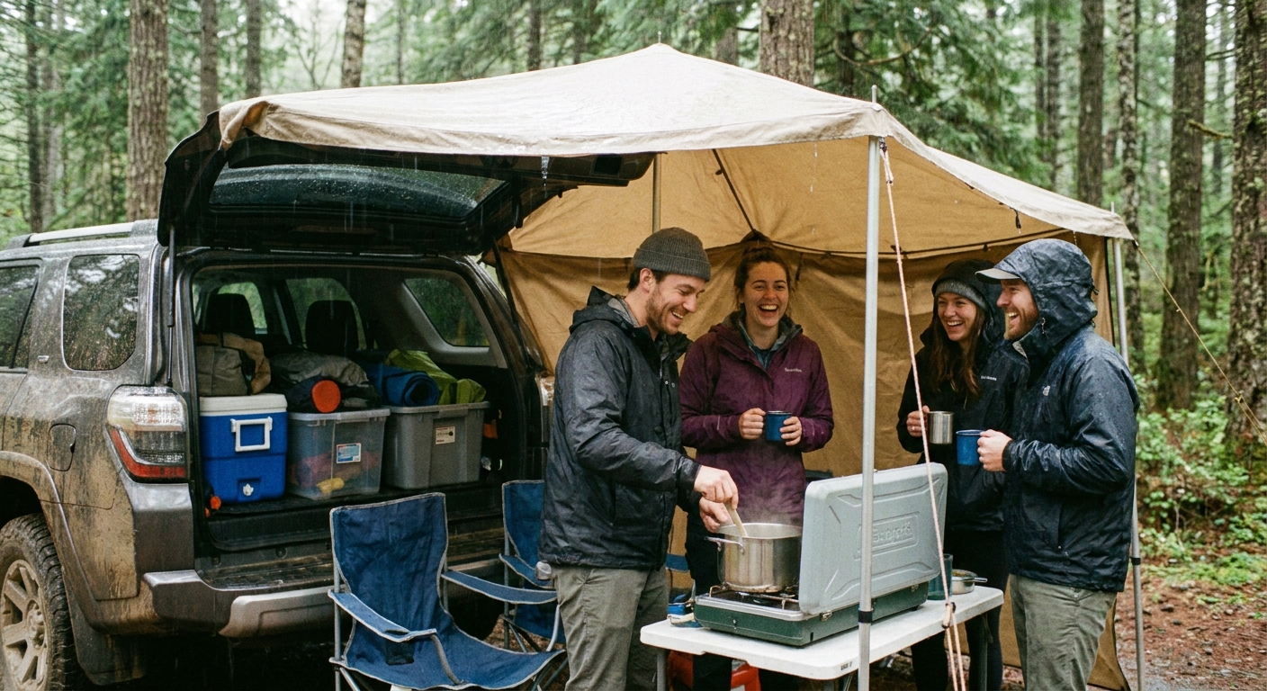 Friends using a tailgate tent for shelter and cooking during a rainy camping trip
