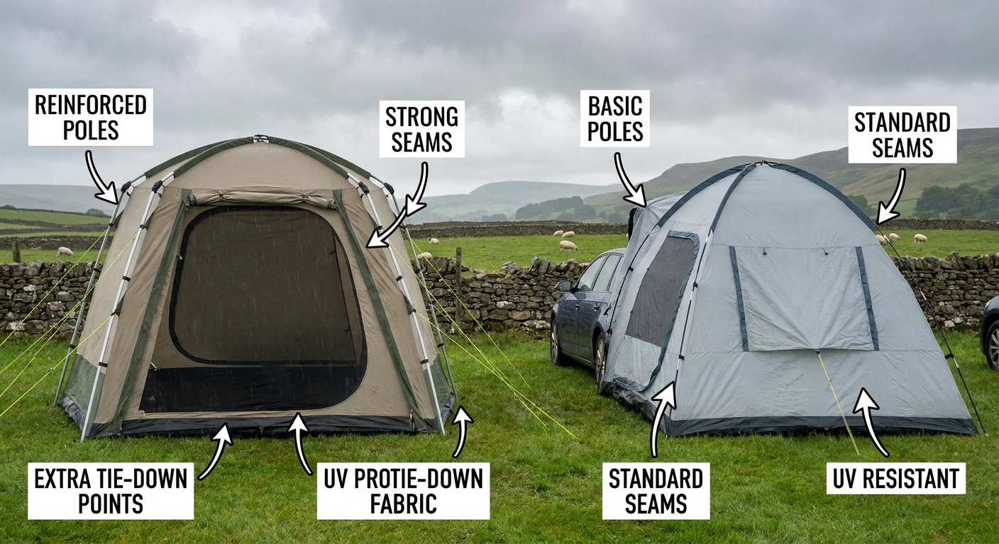 Comparison of tailgate tent safety features at a UK campsite