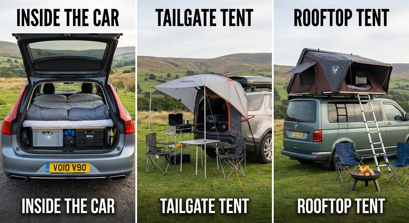 Comparison of sleeping inside car, tailgate tent, and rooftop tent for vehicle camping