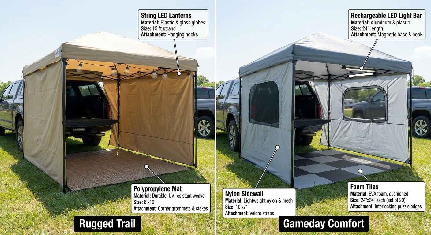 Comparison of tailgate tent accessory types and features