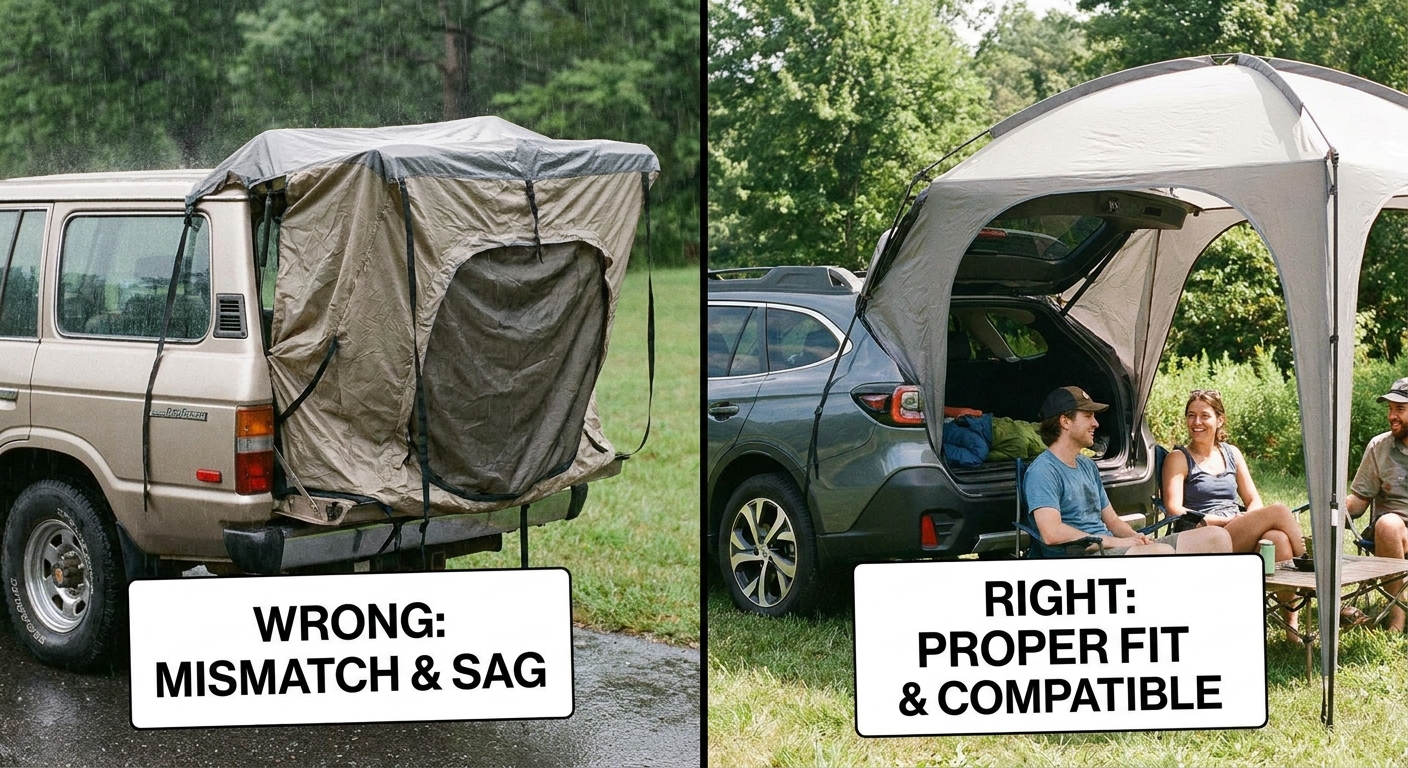 Example of a tailgate tent incorrectly fitted to a vehicle versus a correct fit