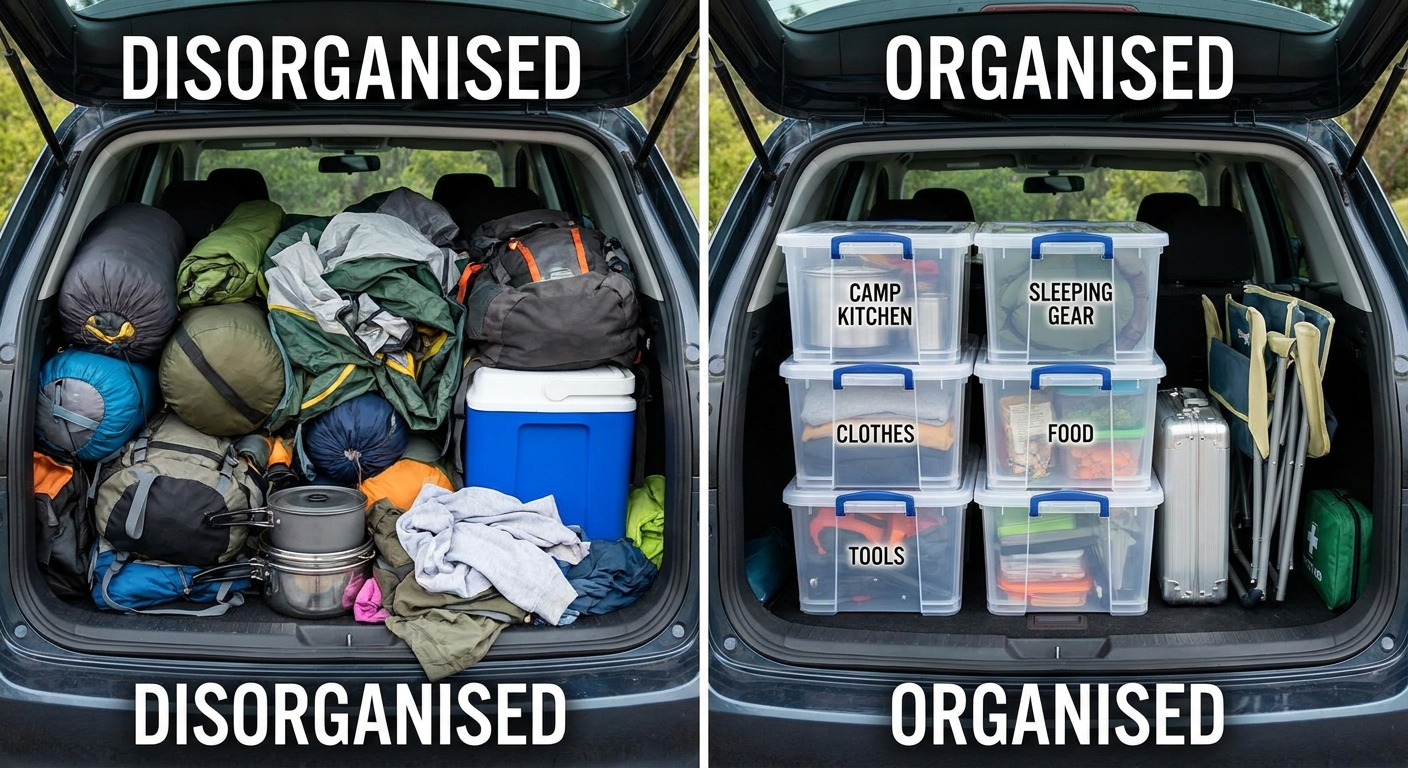 Comparison of cluttered versus organised vehicle boot for camping