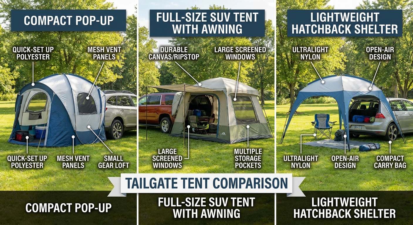 Comparison of different tailgate tent types and features for camping
