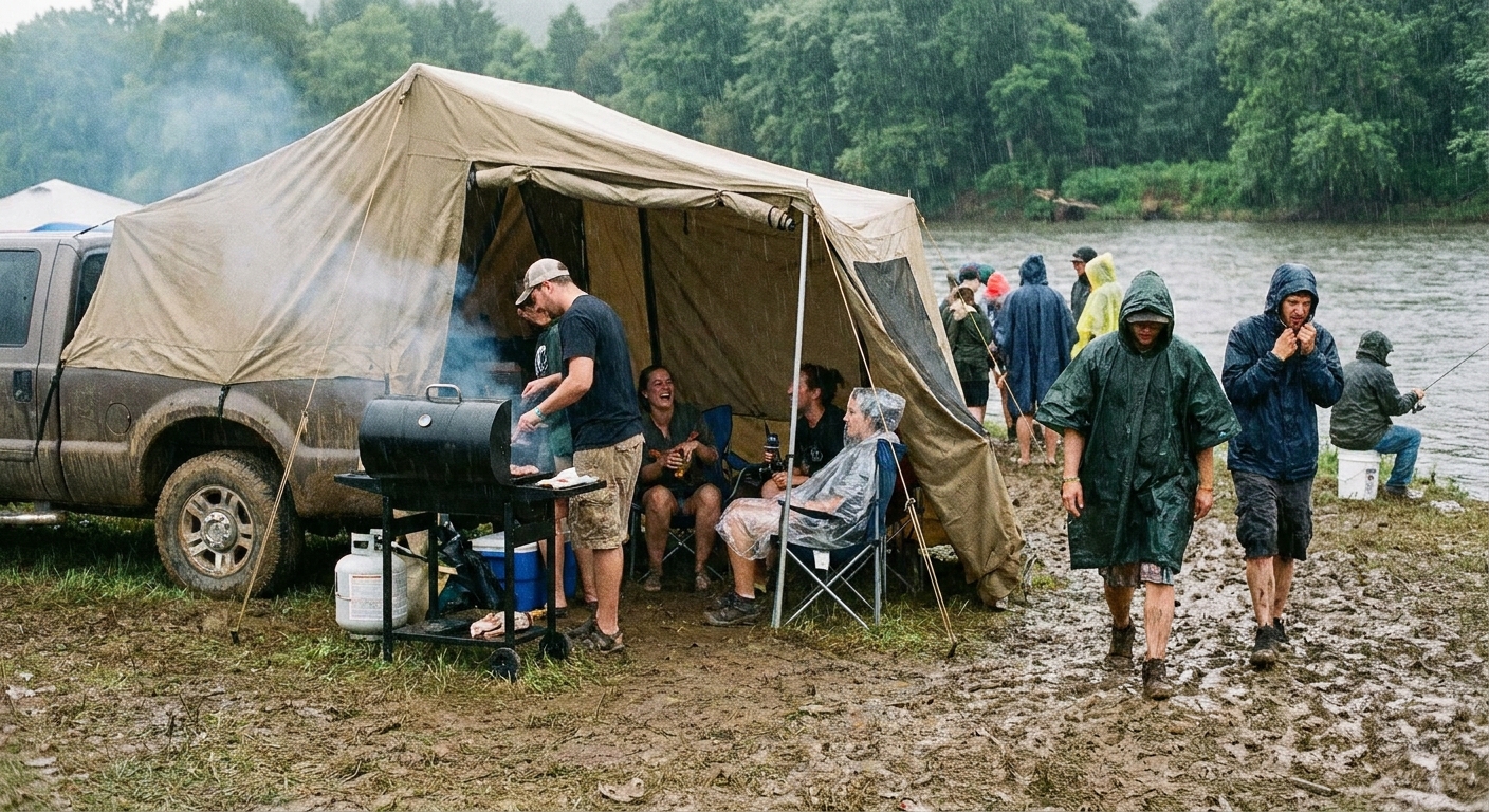 Tailgate tent in use at a festival, providing shelter and comfort