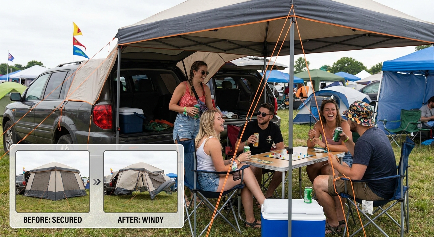 Properly anchored tailgate tent at a festival, showing safety in action