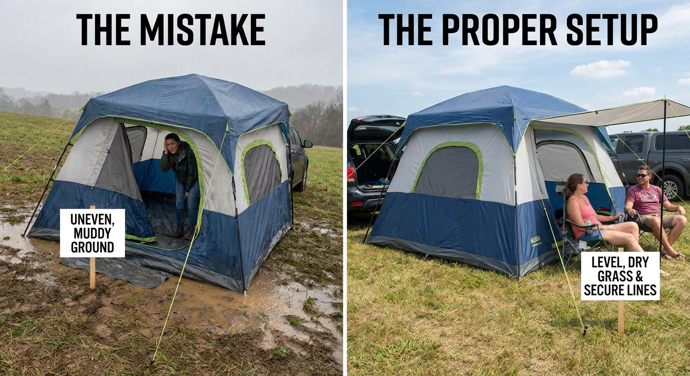 Comparison of poor and proper tailgate tent setup on different ground conditions