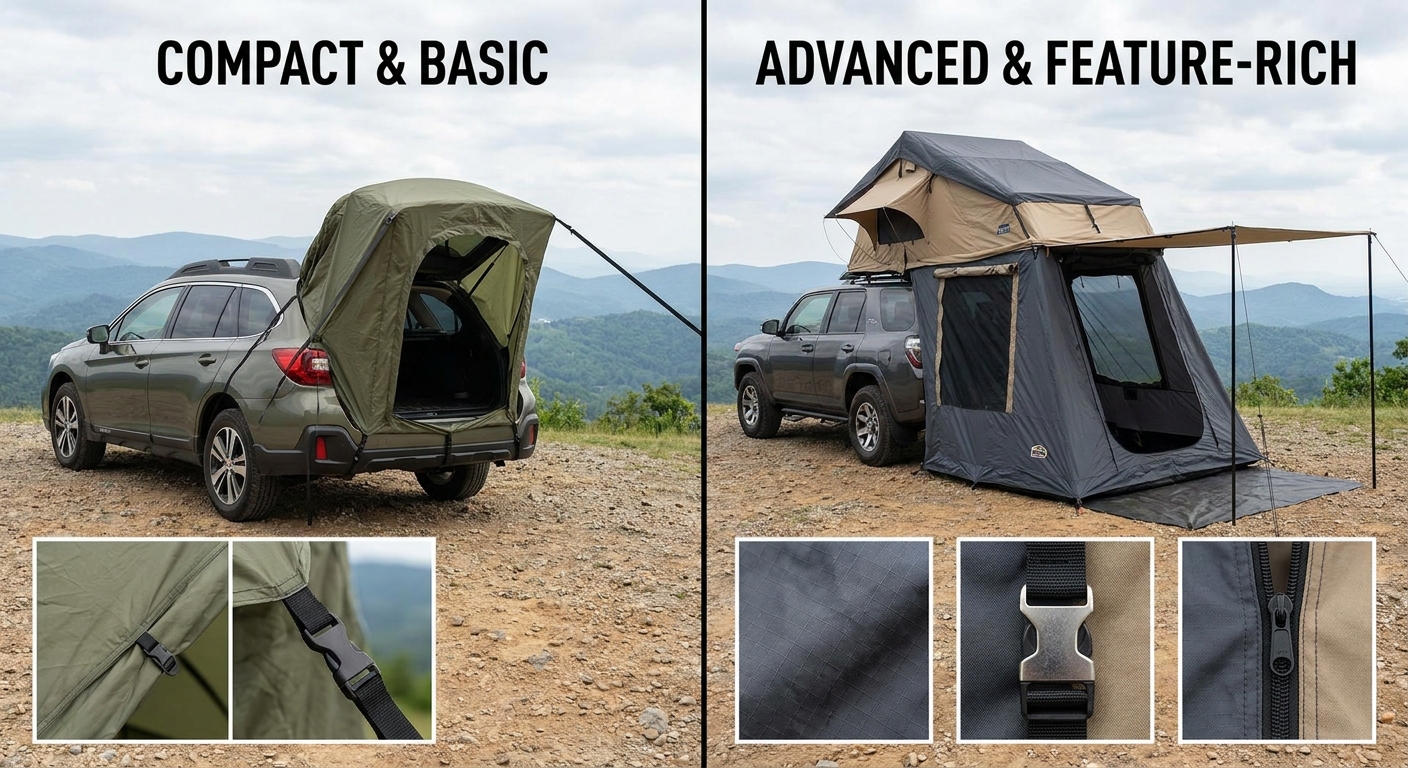 Comparison of two tailgate tents showing size, features, and materials
