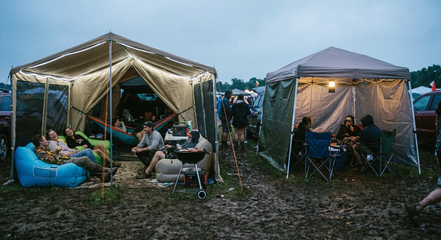 People enjoying tailgate tent accessories at a festival with comfort and protection