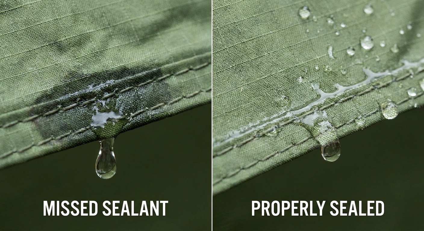 Example of a tailgate tent seam leaking versus properly sealed