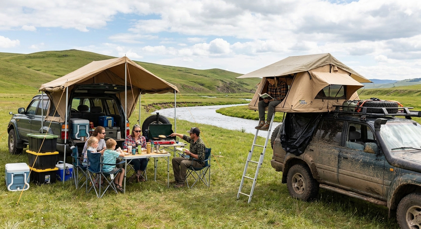 Family enjoying a tailgate tent and camper relaxing in a roof tent in a real-world outdoor setting