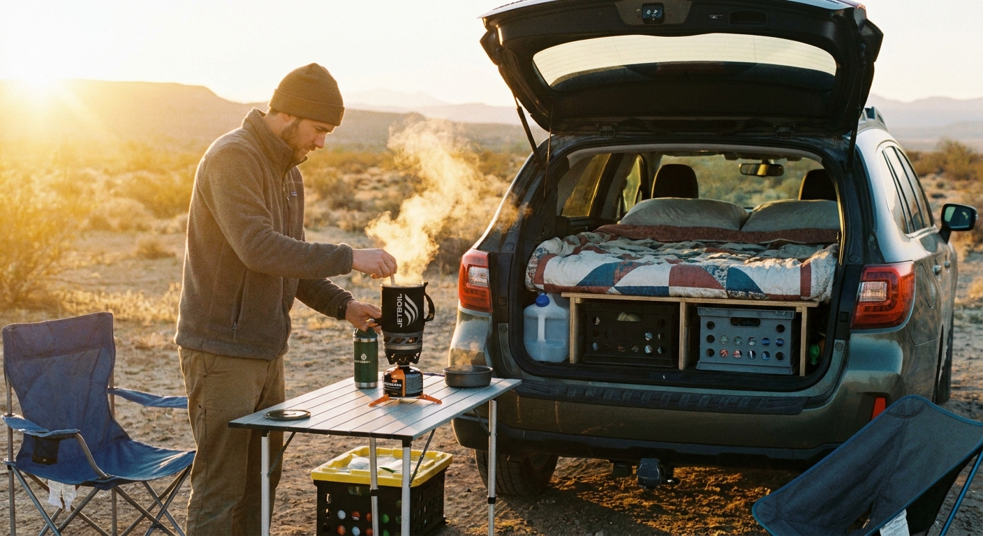 Camper cooking breakfast beside car with organised sleeping setup inside